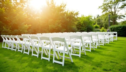 White chairs arranged for outdoor wedding ceremony in sunlight  