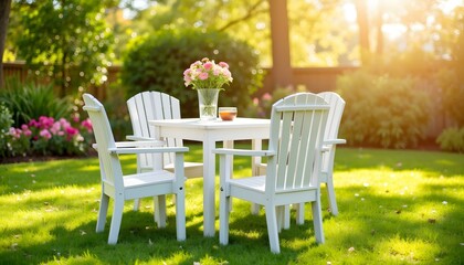 White outdoor dining table with chairs and flowers in garden  