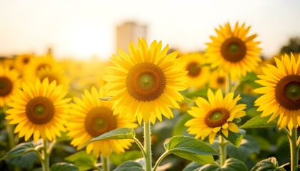 Sunflowers blooming in vibrant field during golden hour sunlight  