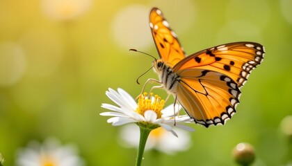 Orange butterfly resting on a daisy flower in sunlight  