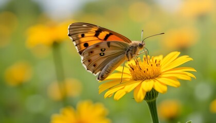 Butterfly sitting on yellow flower in vibrant green meadow  