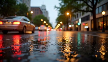 City street reflected in rain puddles during evening twilight  