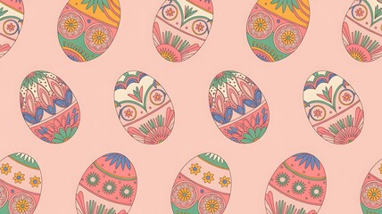 A pastel pink background adorned with intricately designed Easter eggs in various floral patterns.