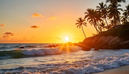 Sunset over ocean with palm trees and waves on sandy beach  
