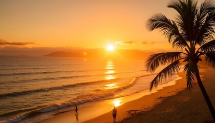Serene sunset over beach with silhouette of palm trees and waves  