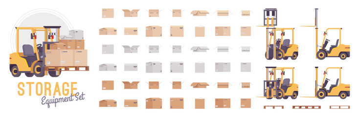 Forklift vehicle lifting moving heavy cardboard parcel box pallets set. Storage rearrange, organize inventory in warehouse items, goods purchased pack, shipping, mailing package. Vector illustration