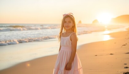 Young girl standing on beach at sunset in pink dress  