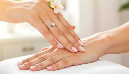 Elegant hands with manicured nails and flower accent on spa table  