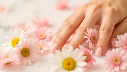 Woman's hand gently touching pink and white daisies on soft surface  