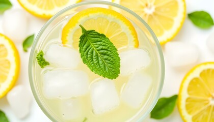 Refreshing lemonade with ice, lemon slices, and mint leaves  