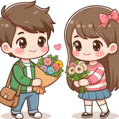 Cute couple cartoon vector boy giving flower to girl