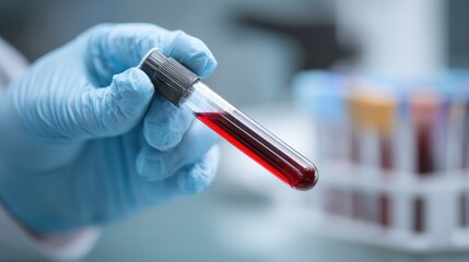 Prostate health risk. Test tube filled with red liquid held by a gloved hand in a laboratory setting.