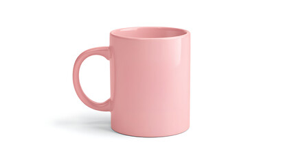 A simple studio shot of a light pink ceramic mug with a handle on a plain white background space