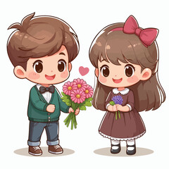 Cute couple cartoon vector boy giving flower to girl