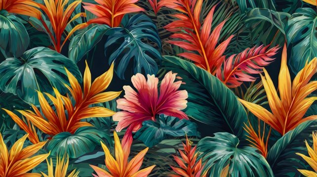 Vibrant Vector Floral Pattern Featuring Lush Elements &ndash; Bold Botanical Art with Colorful Flowers, Dynamic Petals, and Seamless Design for Modern Surfaces