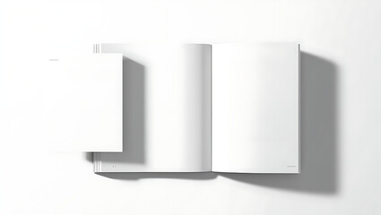 Overhead shot of a blank open book and a closed book on a white surface with shadows visible