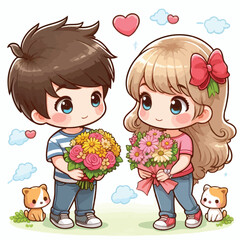 Cute couple cartoon vector boy giving flower to girl