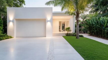 A stunning view of a modern, minimalist house surrounded by lush green landscaping, showcasing architectural elegance and a balance between nature and urban living.