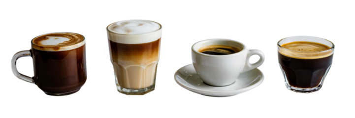 Assorted coffee drinks espresso latte cappuccino coffee hot mug cup cafe on transparent background