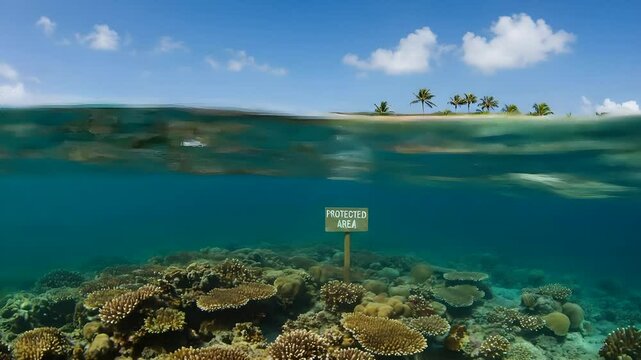 Tropical Island Coral Reef Protected Marine Area with Crystal Clear Water, Vibrant Corals and Marine Biodiversity