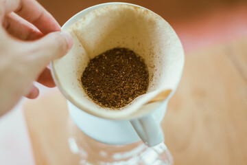Close up coffee powder in the dripper