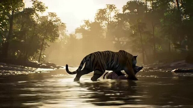 a tiger preying on a deer