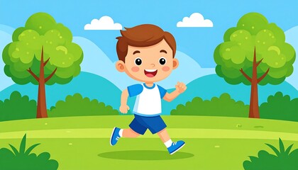 Boy Running Park Green Nature.