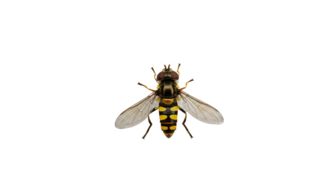 Common striped yellow and black Hoverfly insect isolated on white background