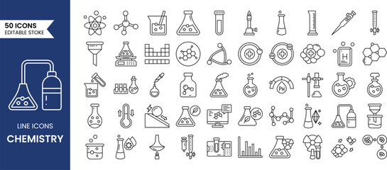 Chemistry line editable icon set. Containing test flask, test tube, chemistry lab, experiment, chemical bond, atom, molecule and more. Vector illustration