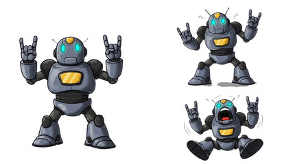 Cartoon Illustration of a Robot Making Rock On Sign isolated PNG with Transparent Background