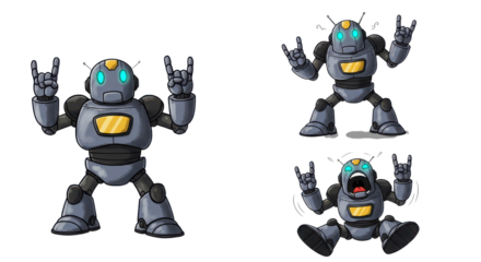Cute cartoon robot character set with rock hand gesture and emotions