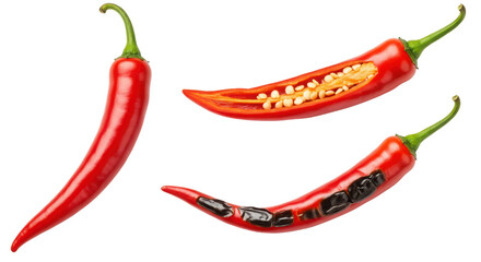 Three red chili peppers, one whole, one cut and one burned isolated PNG with Transparent Background