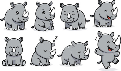 vector illustration of rhino funny cute simple cartoon mascot character cartoon with 8 poses 
