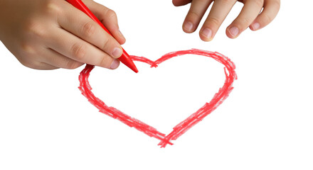Child's hands drawing a red heart with crayon isolated PNG with Transparent Background