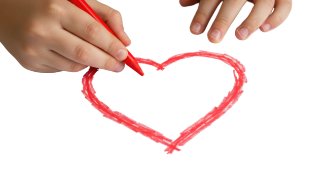 Close-up of children's hands drawing a red crayon heart isolated on white background