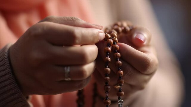 Closeup of a person holding a rosary, their fingers moving along the beads as they recite prayers to find strength and comfort in their faith.