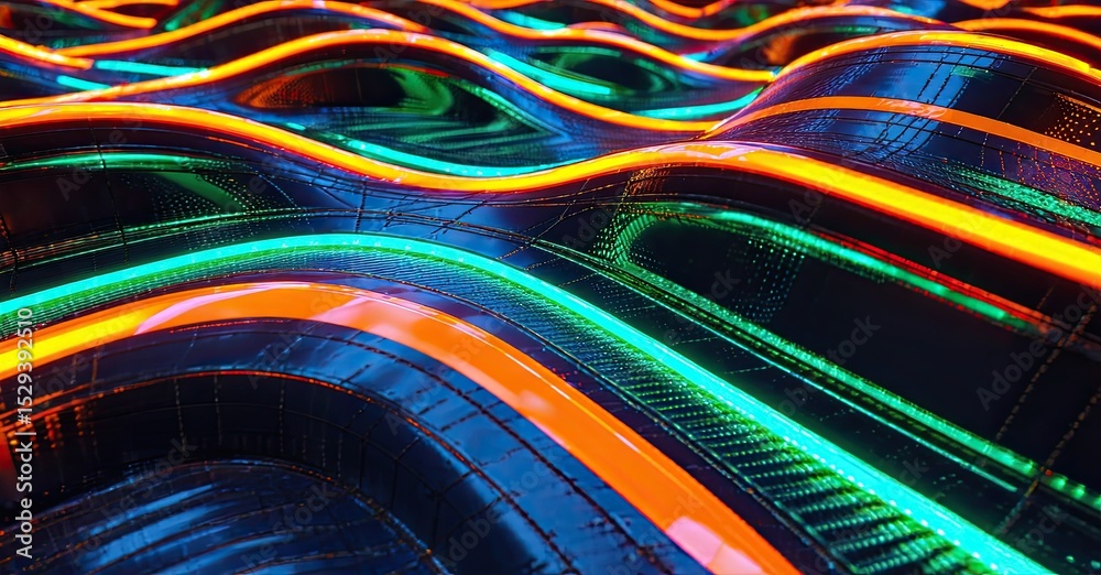Poster Abstract landscape. Bright neon lines create undulating terrain. Dark background emphasizes vibrant colors, futuristic design.