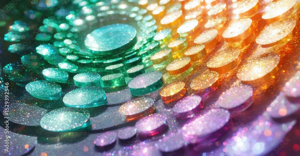 Aufkleber Colorful circular layers create abstract, glittering pattern. Bright hues blend, forming dynamic visual experience. Sparkles enhance texture.