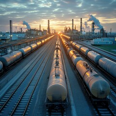 Railcars Filled with Petrochemical Products Being Transported Through a Complex Network of Tracks at a Refinery Facility high resolution   for isolate image