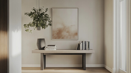 a close up of the elements on the console table like books, art, hanging plants,modern entryway with a close up of minimalist console table,grey and white and purple soft natural light,layered texture