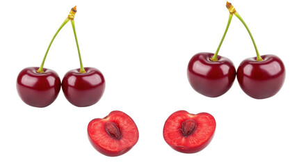 Cherries with stem, and halved cherry isolated PNG with Transparent Background