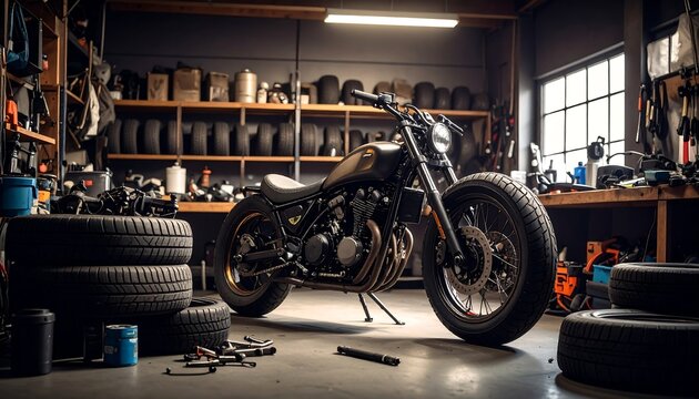 Custom Motorcycle in Garage Workshop. - Powered by Adobe