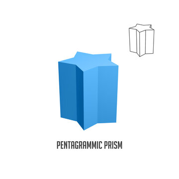 Light blue pentagrammic prism rotating on white background with its wireframe version also visible, perfect for educational and scientific projects