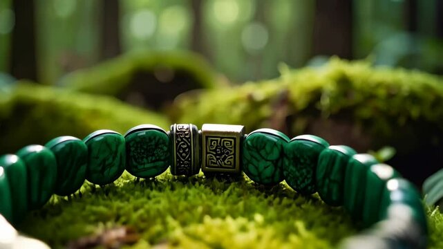 Artisan crafted beaded bracelet made from green malachite gemstone displayed on vibrant moss in forest setting creating natural scene.