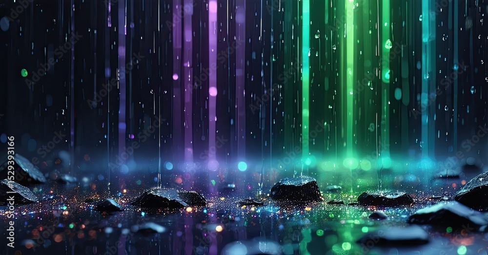 Poster abstract vertical lights descend onto dark rocks. glowing particles create ethereal, dreamy atmosphe