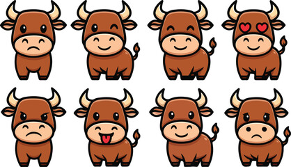 Obraz premium vector illustration of buffalo bull cow funny cute simple cartoon mascot character cartoon with 8 poses 