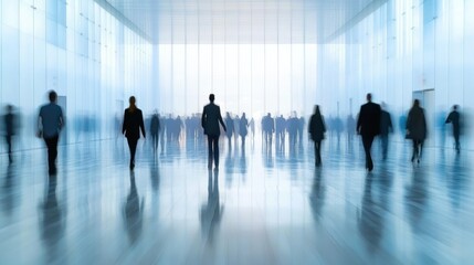 Silhouetted crowd in modern, bright hall