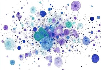Abstract network graphic with swirling circles in various shades of blue, purple, and teal on a white background