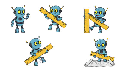 Cute cartoon robot character with ruler in various poses isolated PNG with Transparent Background