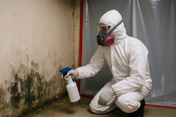 worker in protective clothing using spray bottle to clean mold from wall in indoor environment ensuring safety and health during remediation process
